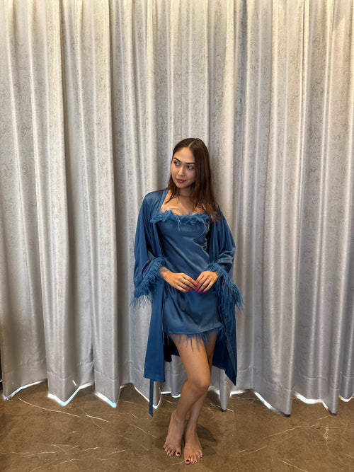 Velure Appealing Peacock Blue Robe - Velure - - Fur, Satin