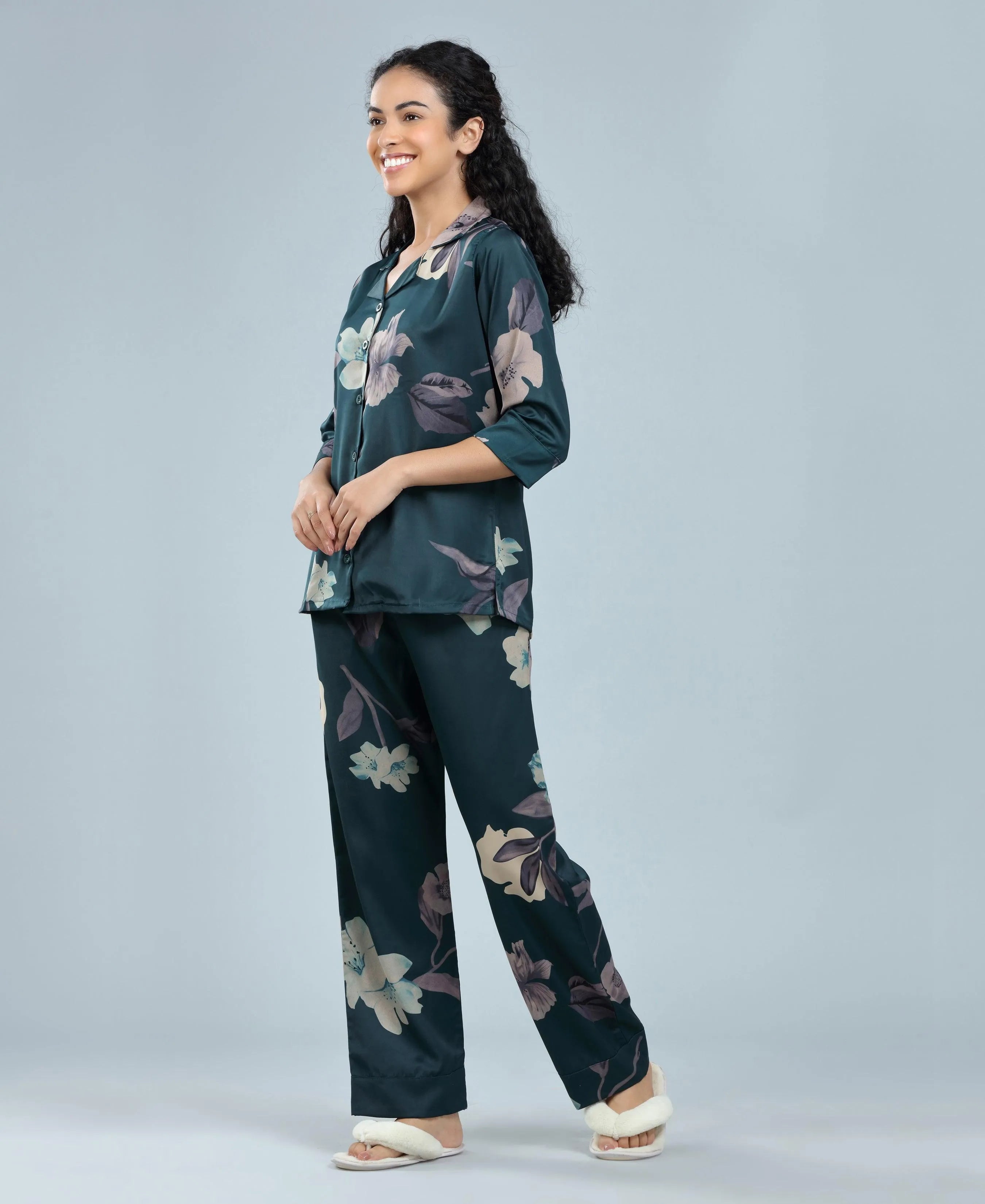 Velure Tropical Floral Satin Print Night Suit - Velure, Shirt and Pant, Indulge in luxury and relaxation with the Velure Tropical Floral Satin Print Night Suit. Crafted from premium satin material, this set showcases a stunning floral print. Included are a long-sleeved shirt and full-length pants with an elastic waistband, ensuring a perfect fit. Ideal for peaceful slumber or leisurely lounging.