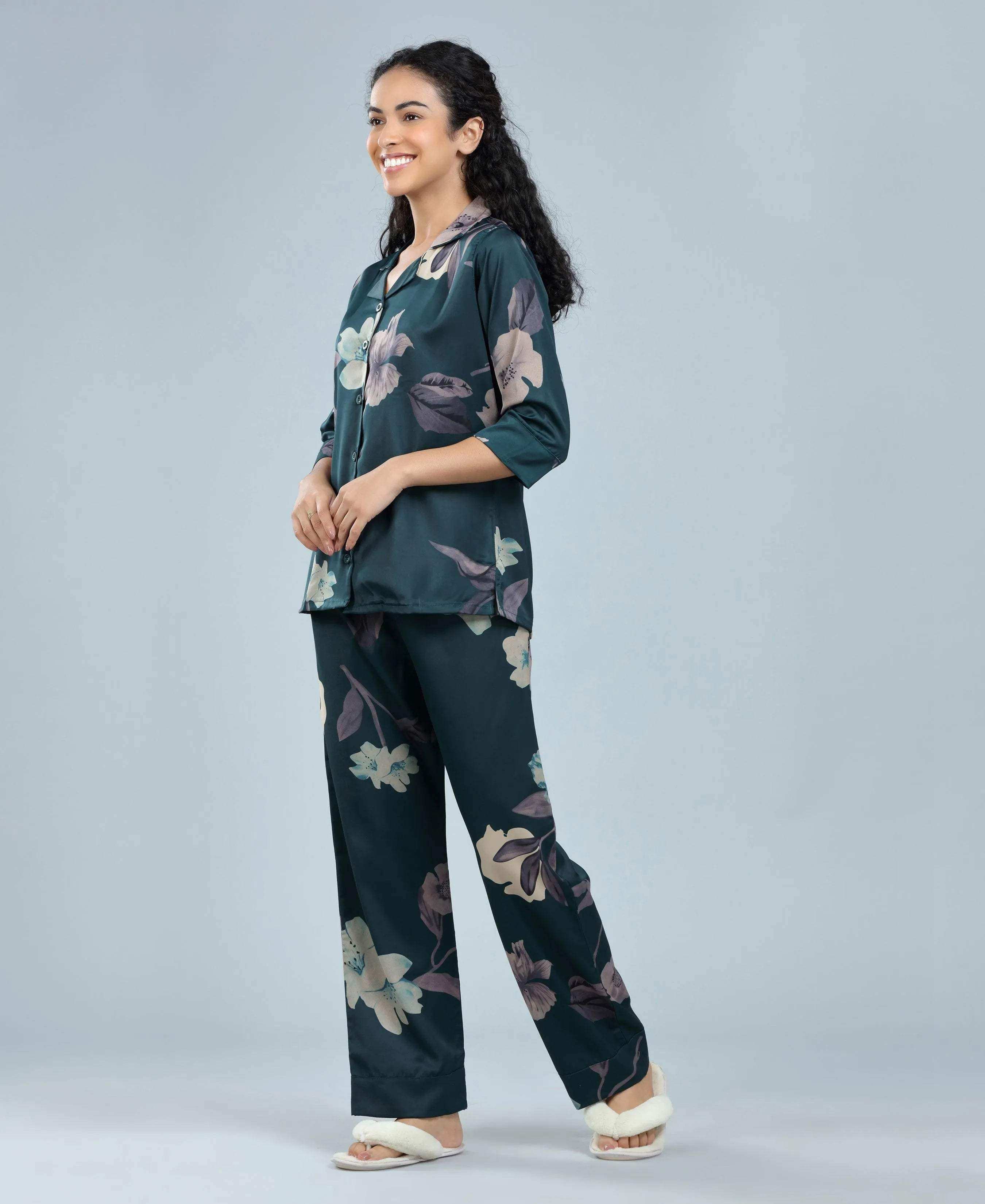 Velure Tropical Floral Satin Print Night Suit - Velure - - 3/4 Sleeves, Collar Neck, Floral Print, Front Button Open, Full Length Pant, Satin