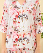 Velure Inspired Ethnic Floral Print Night Suit - Velure - - 3/4 Sleeves, Collar Neck, Floral Print, Front Button Open, Full Length Pant, Satin