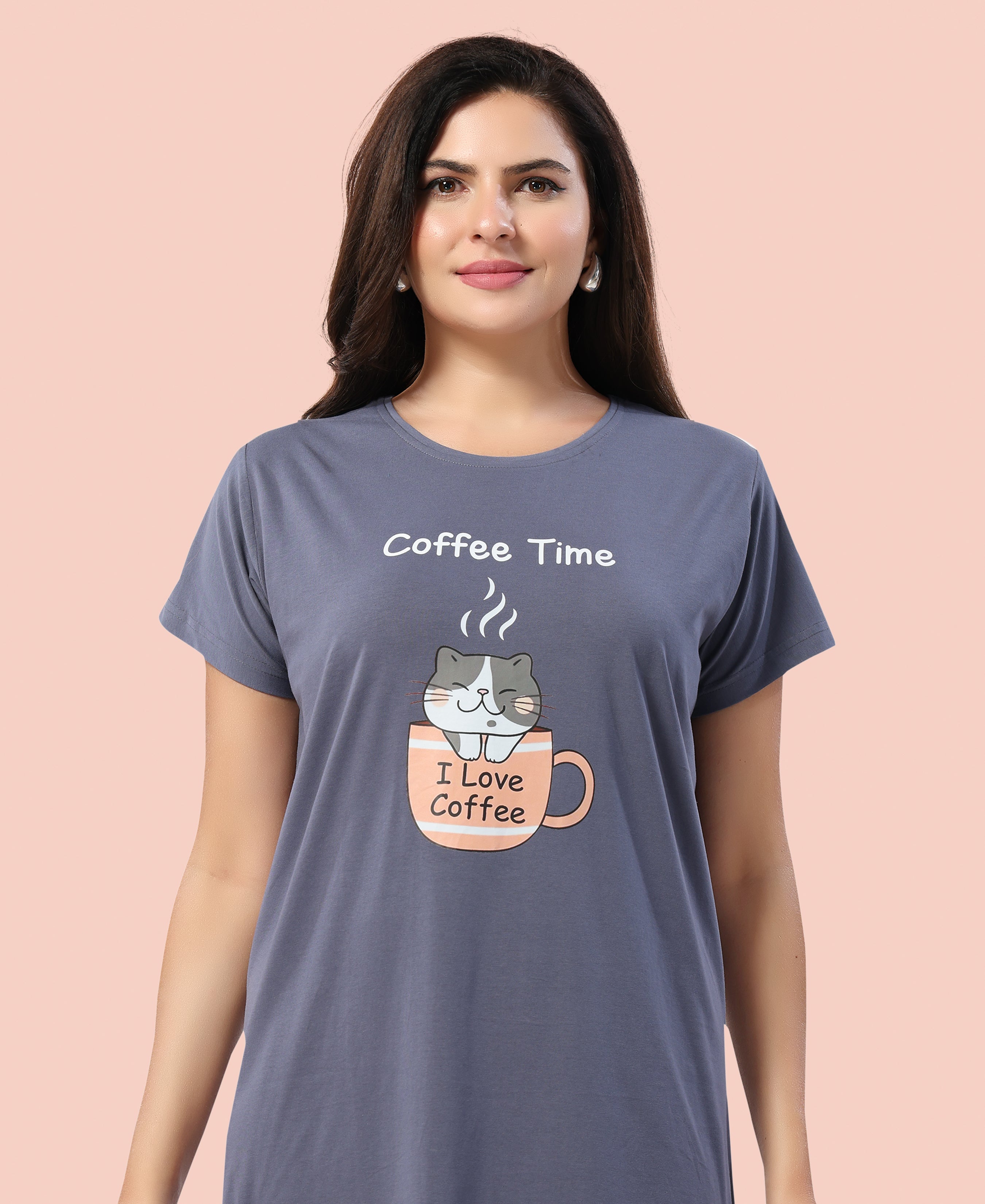 Velure Vibrant Coffee Time Short Nighty - Velure - - Cotton, Knee Length, Printed, Round neck