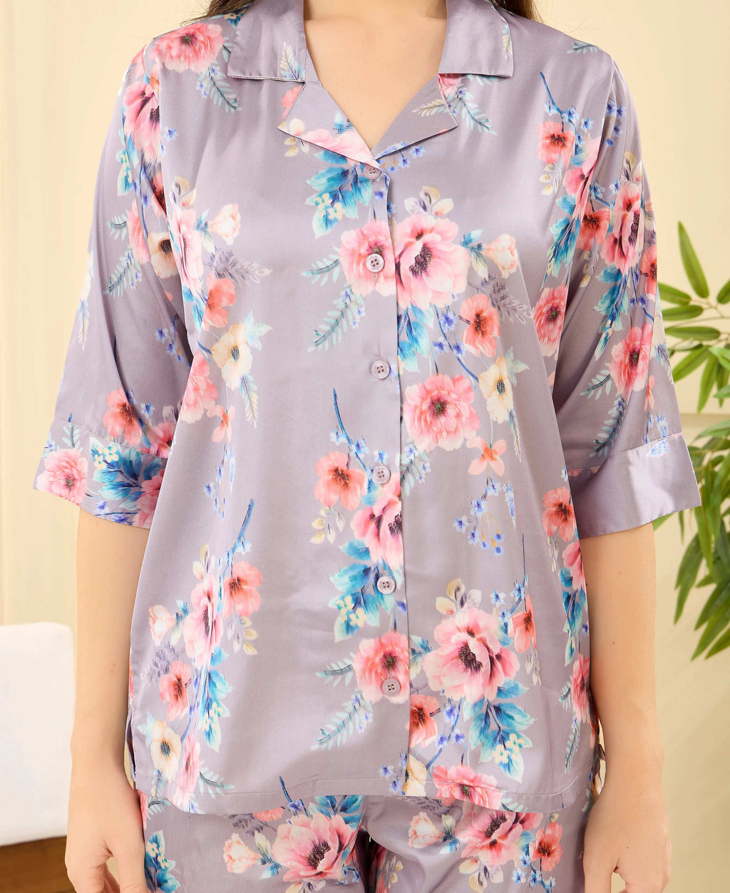 Velure Tunic Elegant Floral Print Night Suit - Velure - - 3/4 Sleeves, Collar Neck, Floral Print, Front Button Open, Full Length Pant, Satin