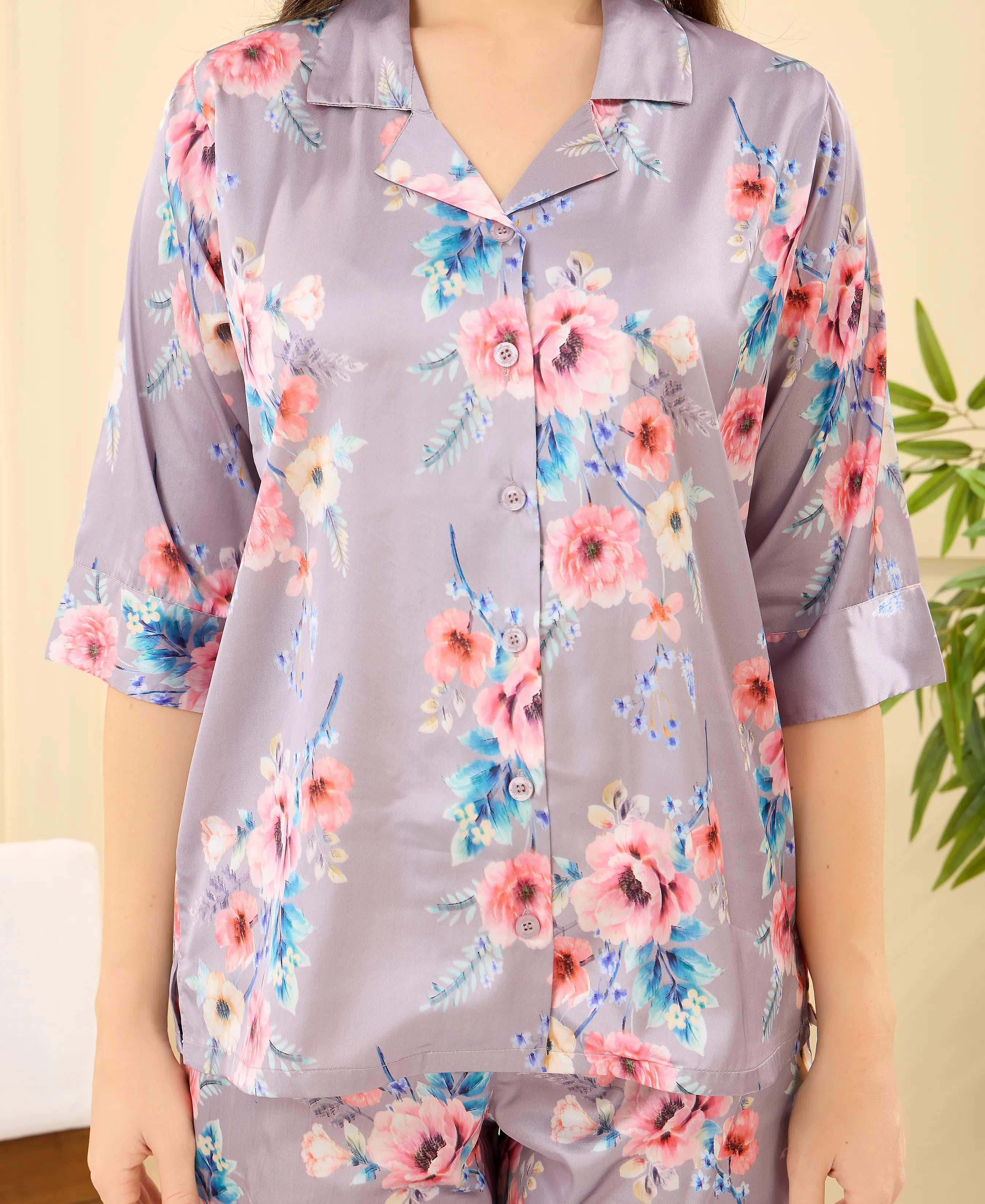 Velure Tunic Elegant Floral Print Night Suit - Velure - - 3/4 Sleeves, Collar Neck, Floral Print, Front Button Open, Full Length Pant, Satin