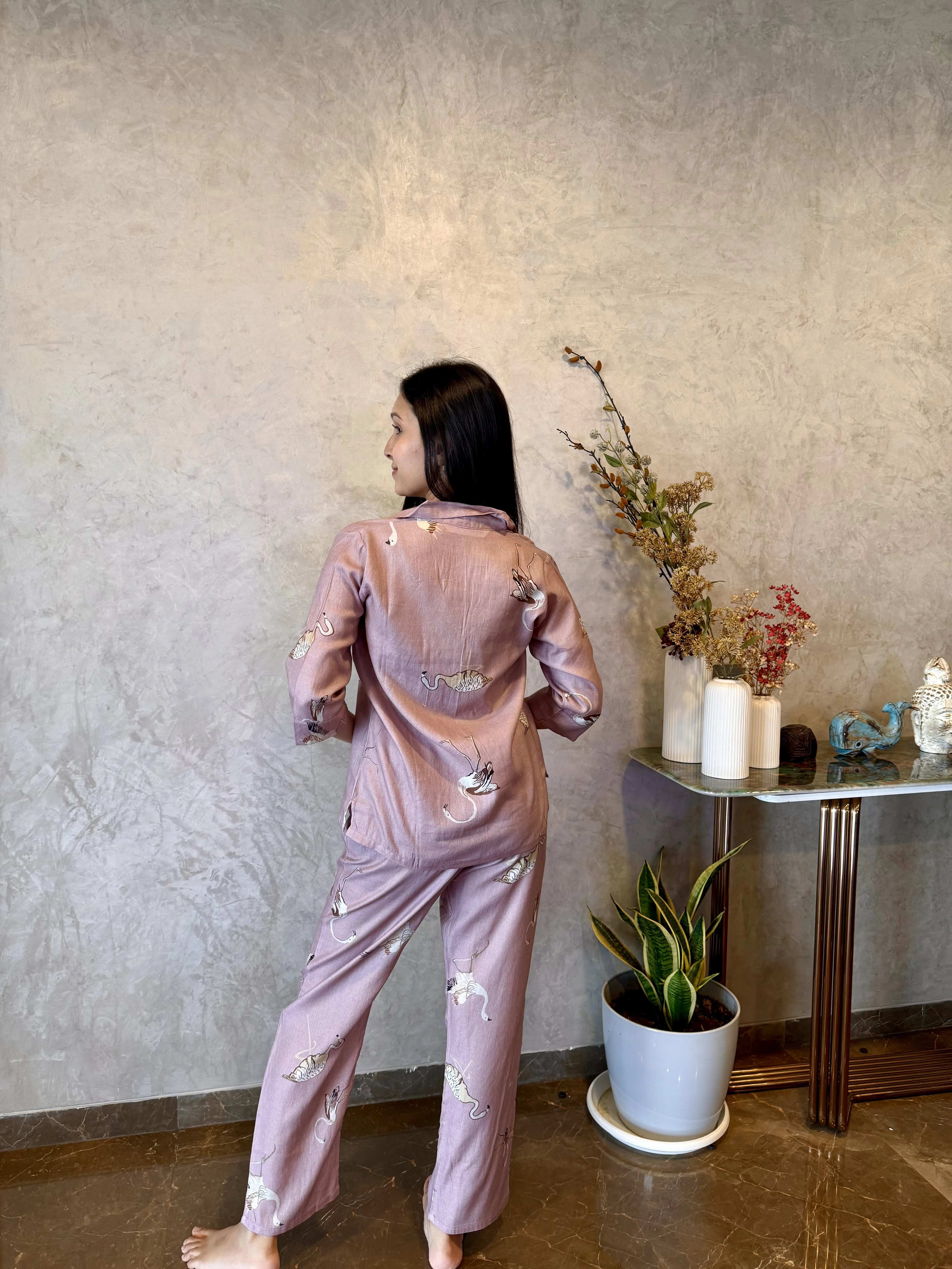 Velure Elegant Brown Flamingo Print Cotton Night Suit