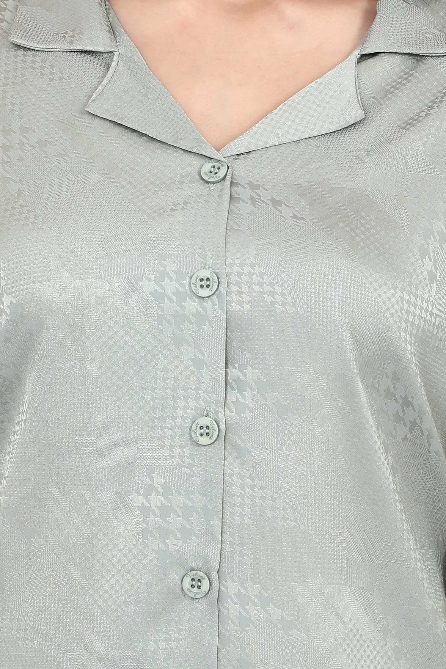Velure Houndstooth Satin Print Night Suit - Velure - - 3/4 Sleeves, Collar Neck, Front Button Open, Full Length Pant, Satin