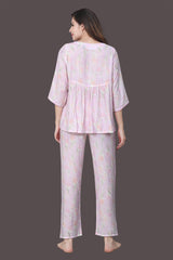 Velure Pink Floral Frock-Style Night Suit - Velure - Long Top and Pant - 3/4 Sleeves, Frock Style, Full Length Pant, Linen, V Neck