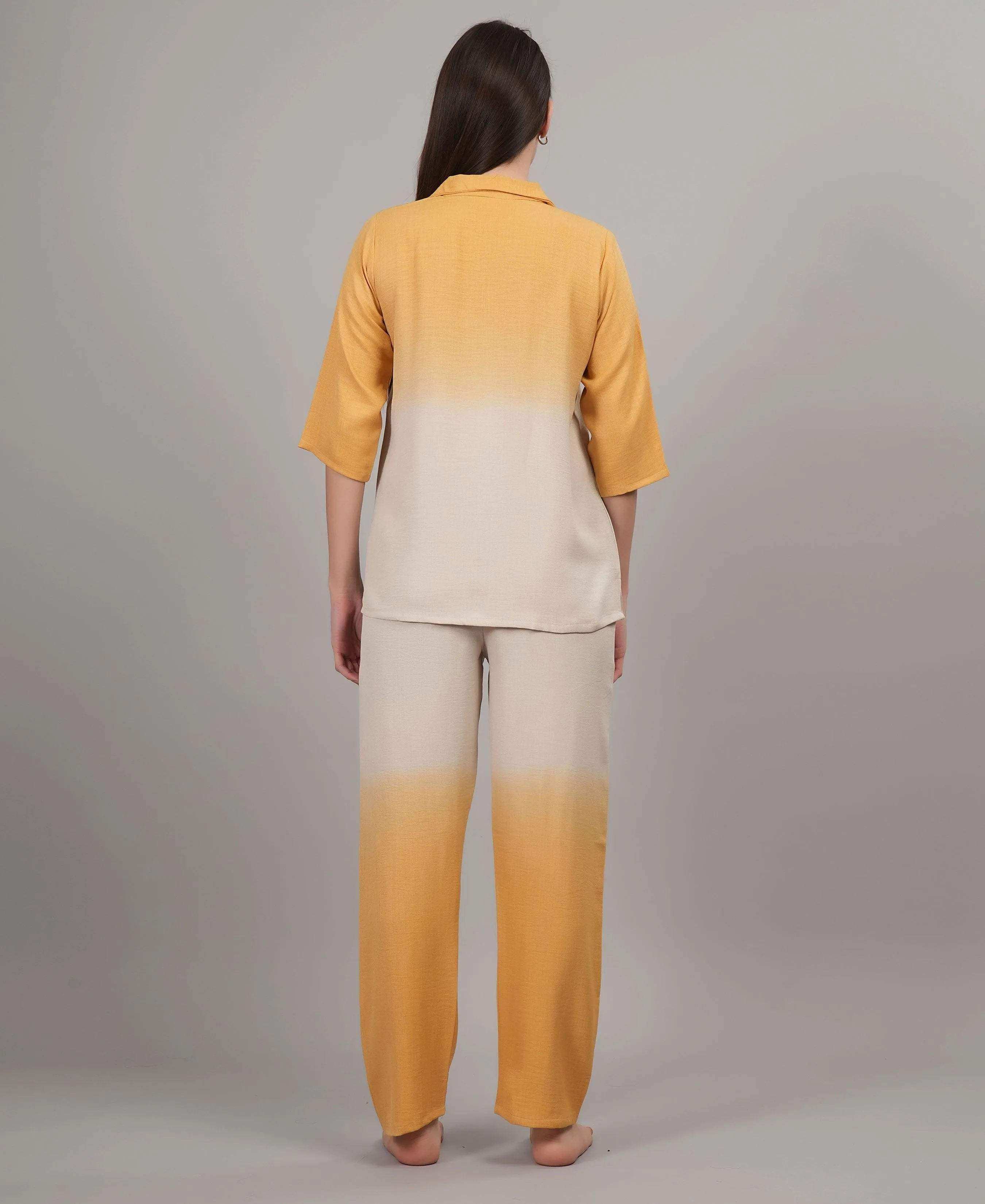 Velure Trendy Classic Co-ord Set - Velure - - 3/4 Sleeves, Collar Neck, Cotton, Front Button Open, Full Length Pant, Ombre