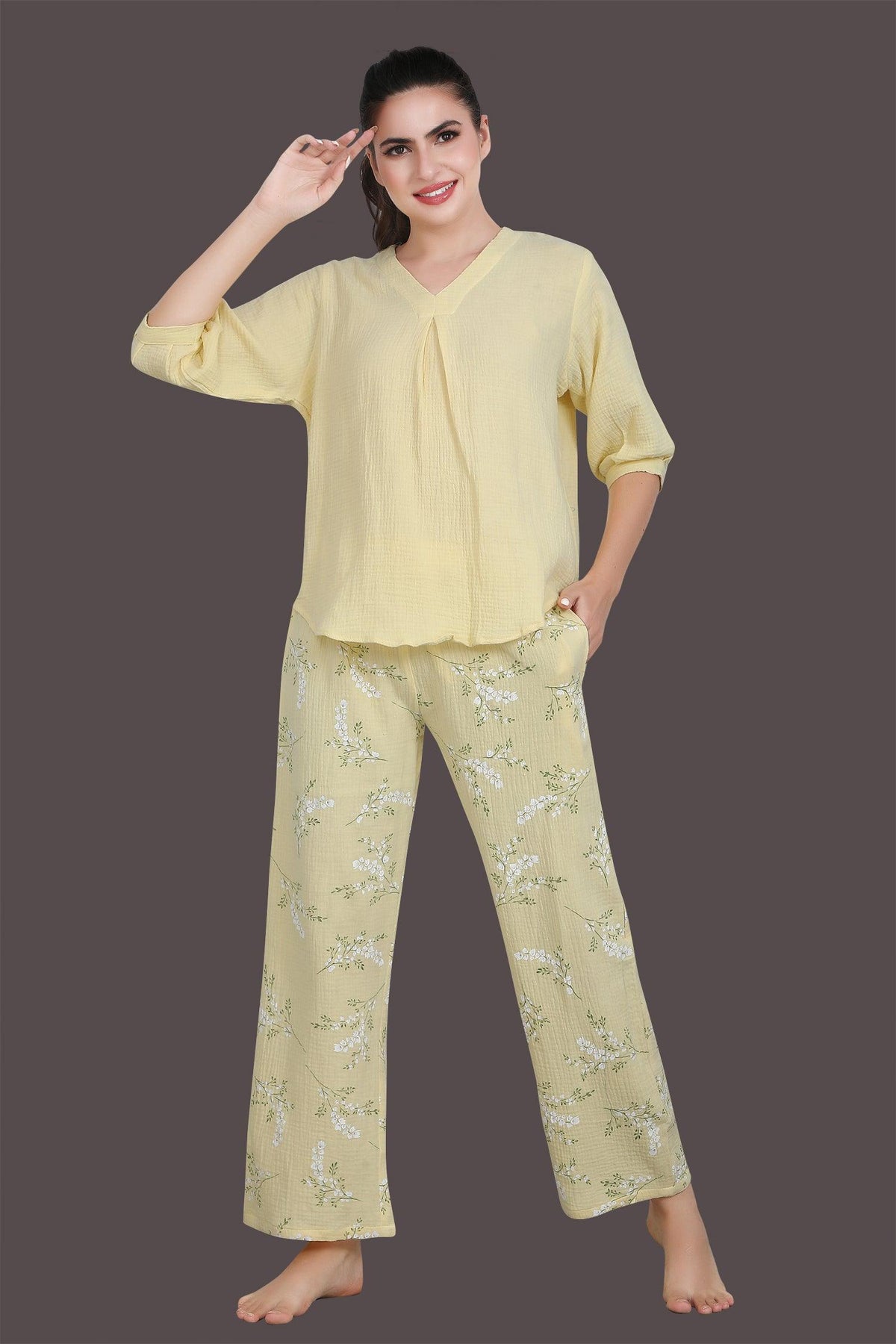 Velure Yellow Floral Print Night Suit - Velure - Long Top and Pant - 3/4 Sleeves, Floral Print, Full Length Pant, Linen