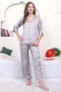 Velure Aesthetic Floral Print Satin Night Suit - Velure - - 3/4 Sleeves, Collar Neck, Floral Print, Front Button Open, Full Length Pant, Satin