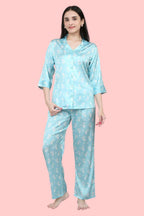 Velure White Rosesl Print Satin Night Suit - Velure - - 3/4 Sleeves, Collar Neck, Floral Print, Front Button Open, Full Length Pant