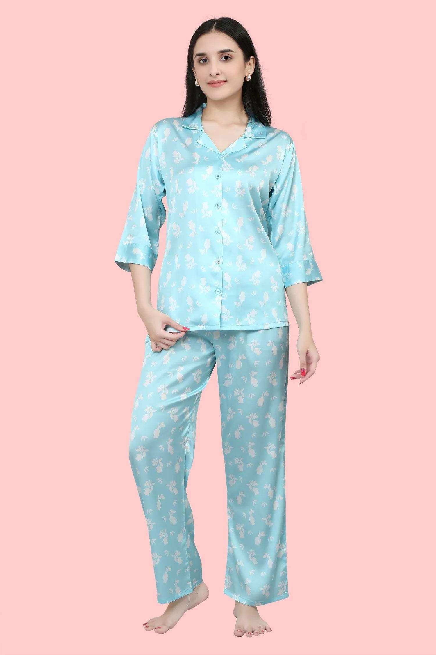 Velure White Rosesl Print Satin Night Suit - Velure - - 3/4 Sleeves, Collar Neck, Floral Print, Front Button Open, Full Length Pant