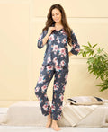 Velure Big Floral Printed Satin Night Suit - Velure - - 3/4 Sleeves, Collar Neck, Floral Print, Front Button Open, Full Length Pant, Satin
