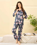 Velure Big Floral Printed Satin Night Suit - Velure - - 3/4 Sleeves, Collar Neck, Floral Print, Front Button Open, Full Length Pant, Satin