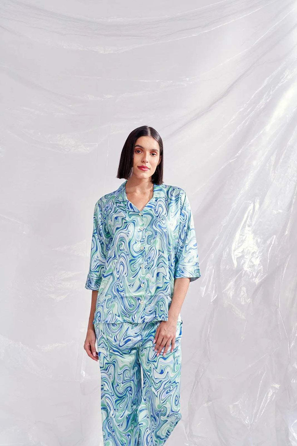 Velure Tellus Swirl Print Satin Co-ord Set - Velure - Shirt and Pant - 3/4 Sleeves, Abstract Print, Collar Neck, Front Button Open, Full Length Pant, Satin