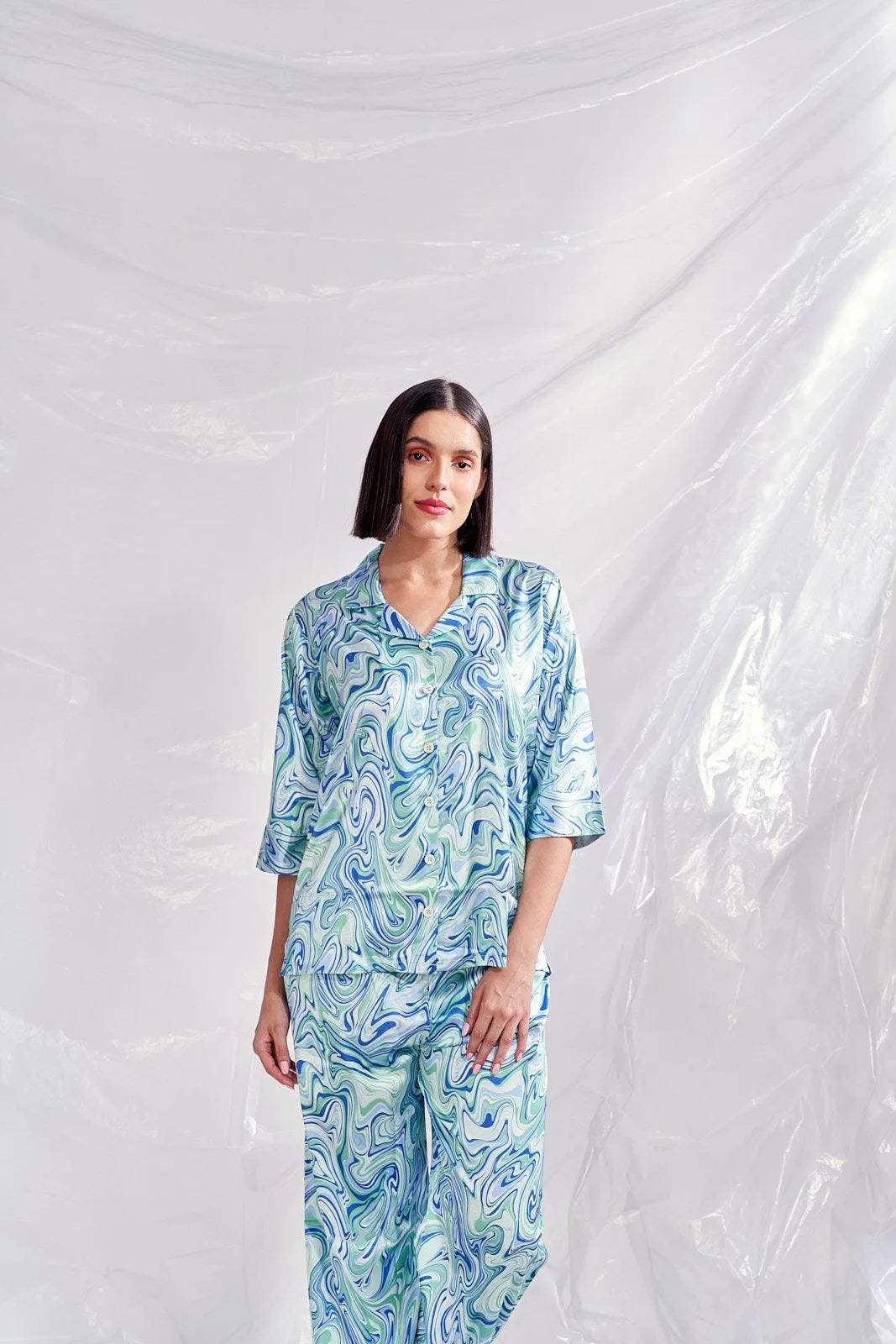 Velure Tellus Swirl Print Satin Co-ord Set - Velure - Shirt and Pant - 3/4 Sleeves, Abstract Print, Collar Neck, Front Button Open, Full Length Pant, Satin