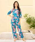 Velure Stunning Floral Print Satin Night Suit - Velure - - 3/4 Sleeves, Collar Neck, Floral Print, Front Button Open, Full Length Pant, Satin