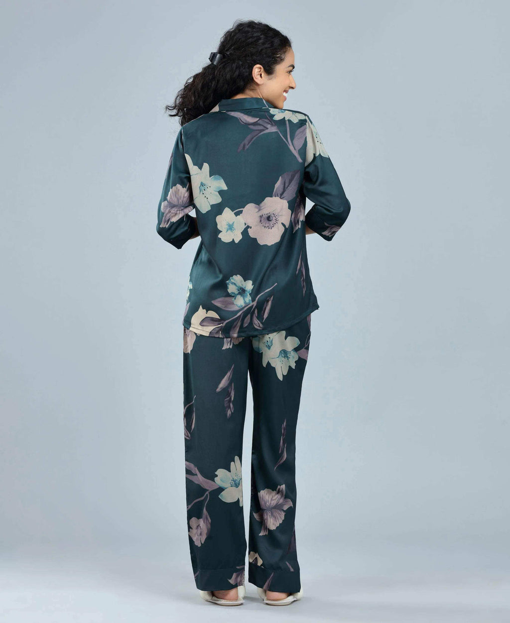 Velure Tropical Floral Satin Print Night Suit - Velure - - 3/4 Sleeves, Collar Neck, Floral Print, Front Button Open, Full Length Pant, Satin