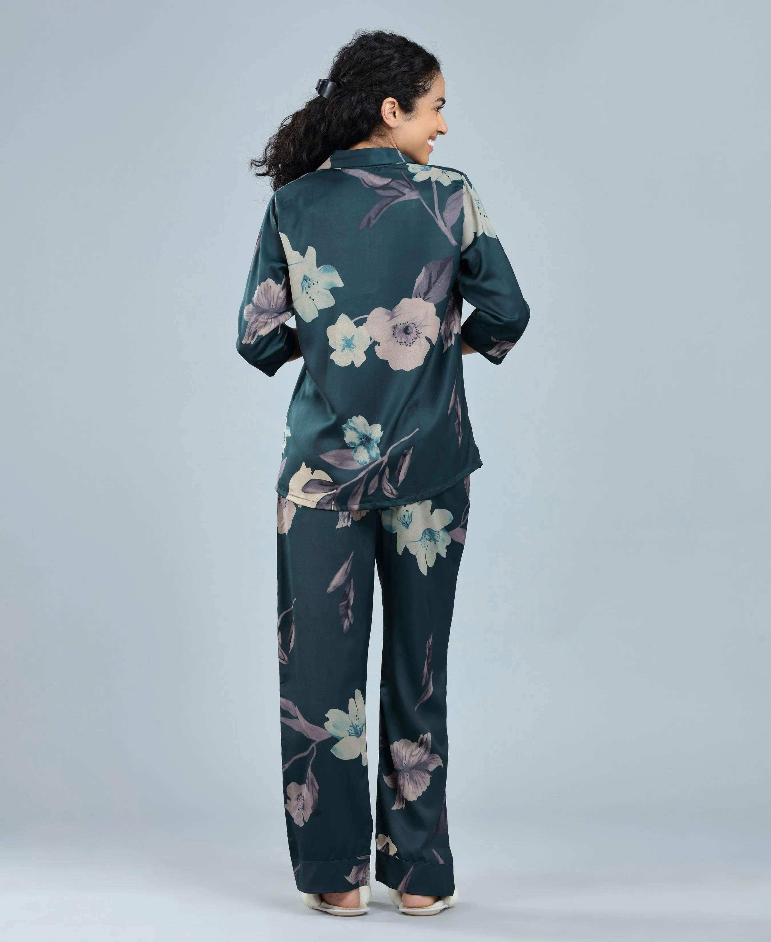 Velure Tropical Floral Satin Print Night Suit - Velure - - 3/4 Sleeves, Collar Neck, Floral Print, Front Button Open, Full Length Pant, Satin