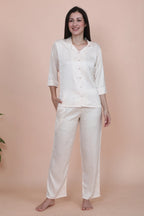 Velure Glossy Floral Print Satin Night Suit - Velure - - 3/4 Sleeves, Collar Neck, Front Button Open, Full Length Pant, Printed, Satin