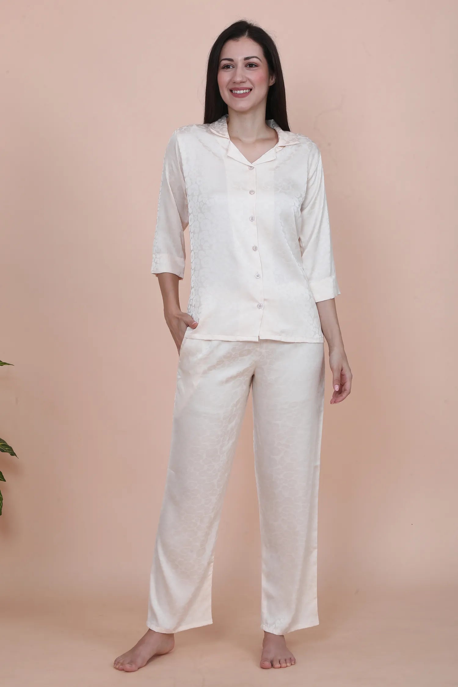 Velure Glossy Floral Print Satin Night Suit - Velure - - 3/4 Sleeves, Collar Neck, Front Button Open, Full Length Pant, Printed, Satin