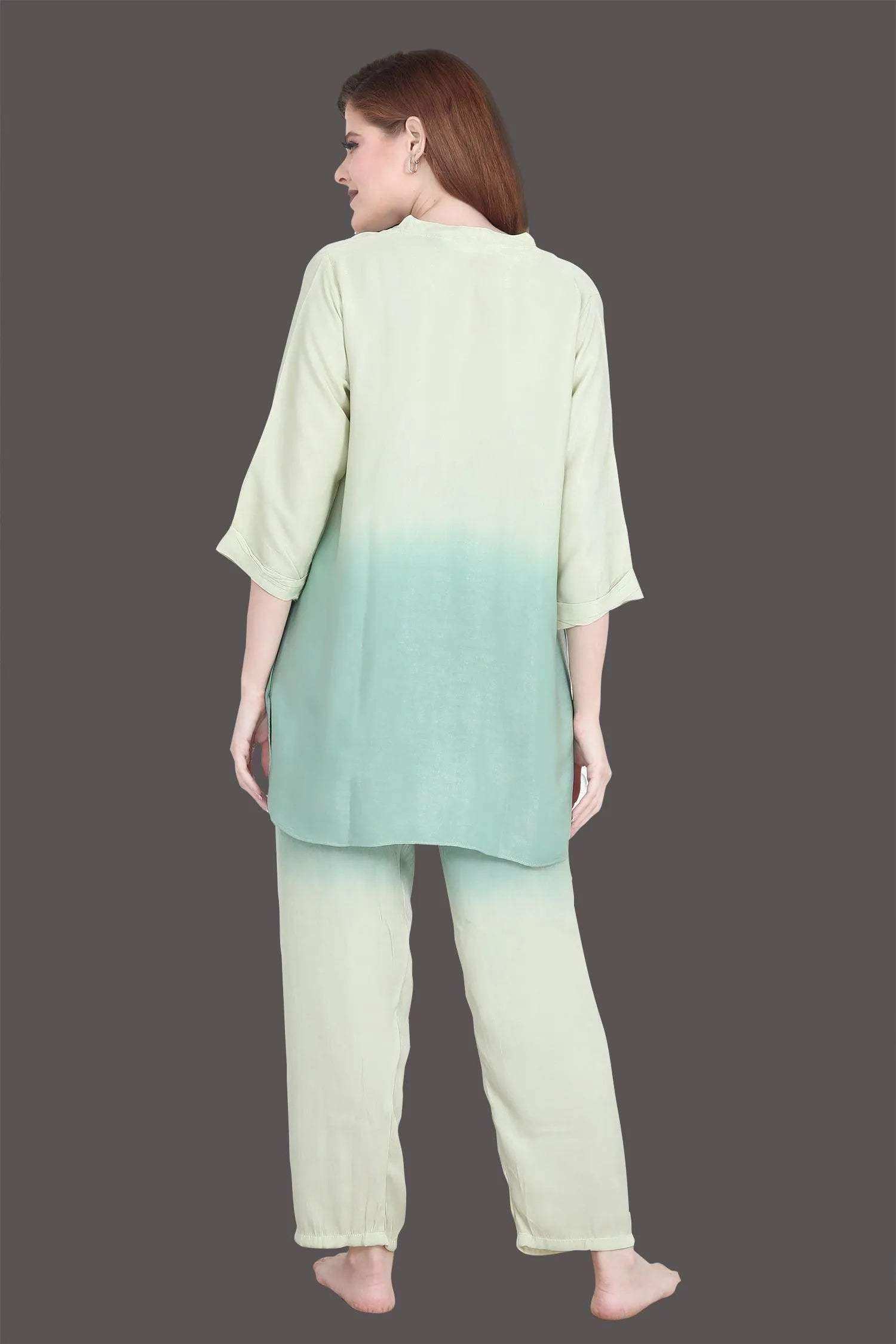 Velure Tunic Green Dual Shade Kurti Style Night Suit - Velure - - 3/4 Sleeves, Collar Neck, Cotton, Front Button Open, Full Length Pant
