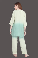 Velure Tunic Green Dual Shade Kurti Style Night Suit - Velure - Long Top and Pant - 3/4 Sleeves, Collar Neck, Cotton, Front Button Open, Full Length Pant