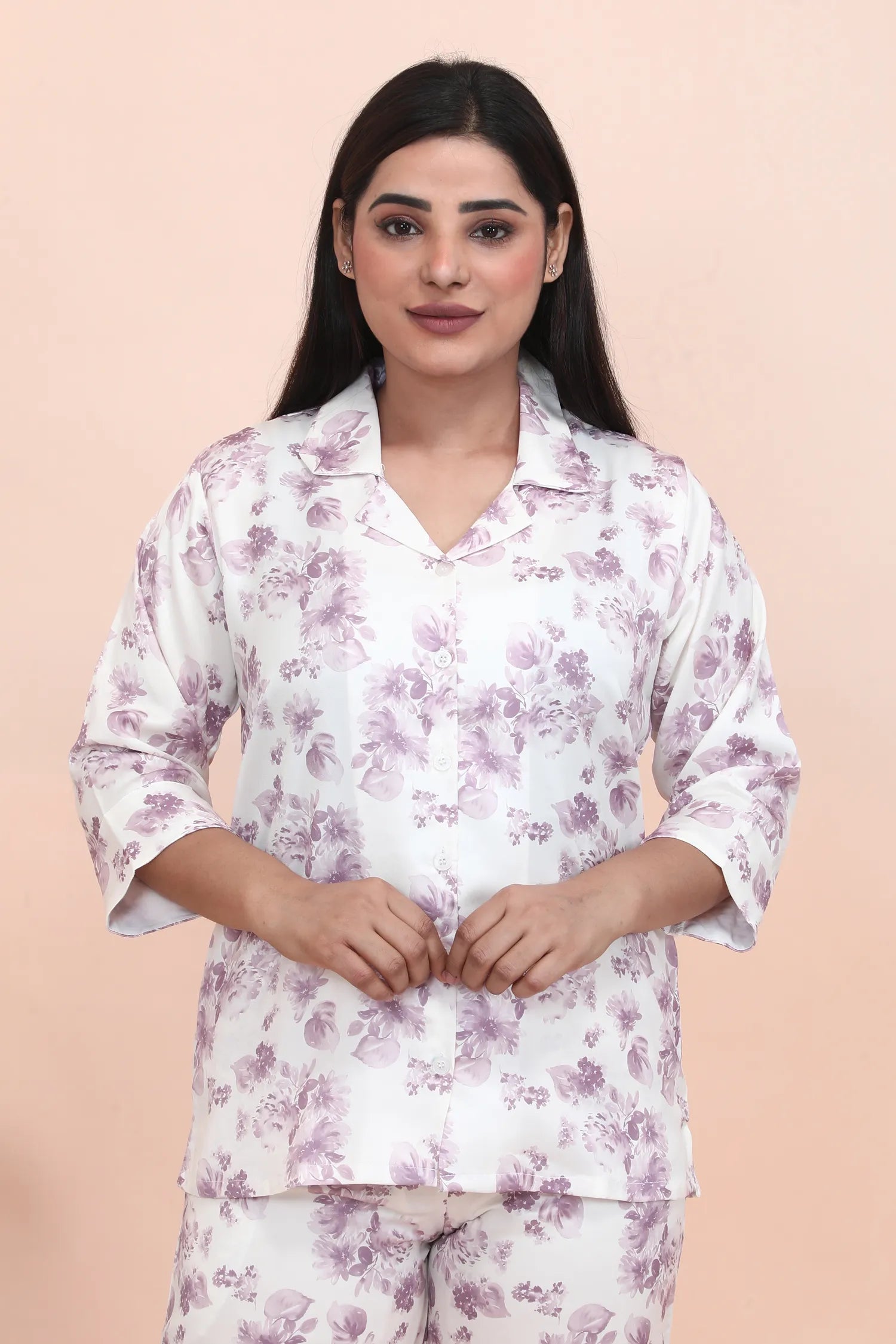 Velure Fascinating Floral Print Satin Night Suit - Velure - - 3/4 Sleeves, Collar Neck, Floral Print, Front Button Open, Full Length Pant, Satin