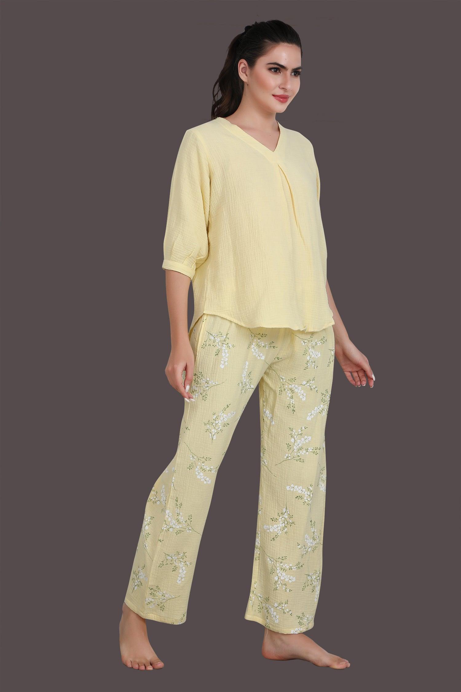 Velure Yellow Floral Print Night Suit - Velure - Long Top and Pant - 3/4 Sleeves, Floral Print, Full Length Pant, Linen