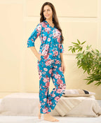 Velure Stunning Floral Print Satin Night Suit - Velure - - 3/4 Sleeves, Collar Neck, Floral Print, Front Button Open, Full Length Pant, Satin