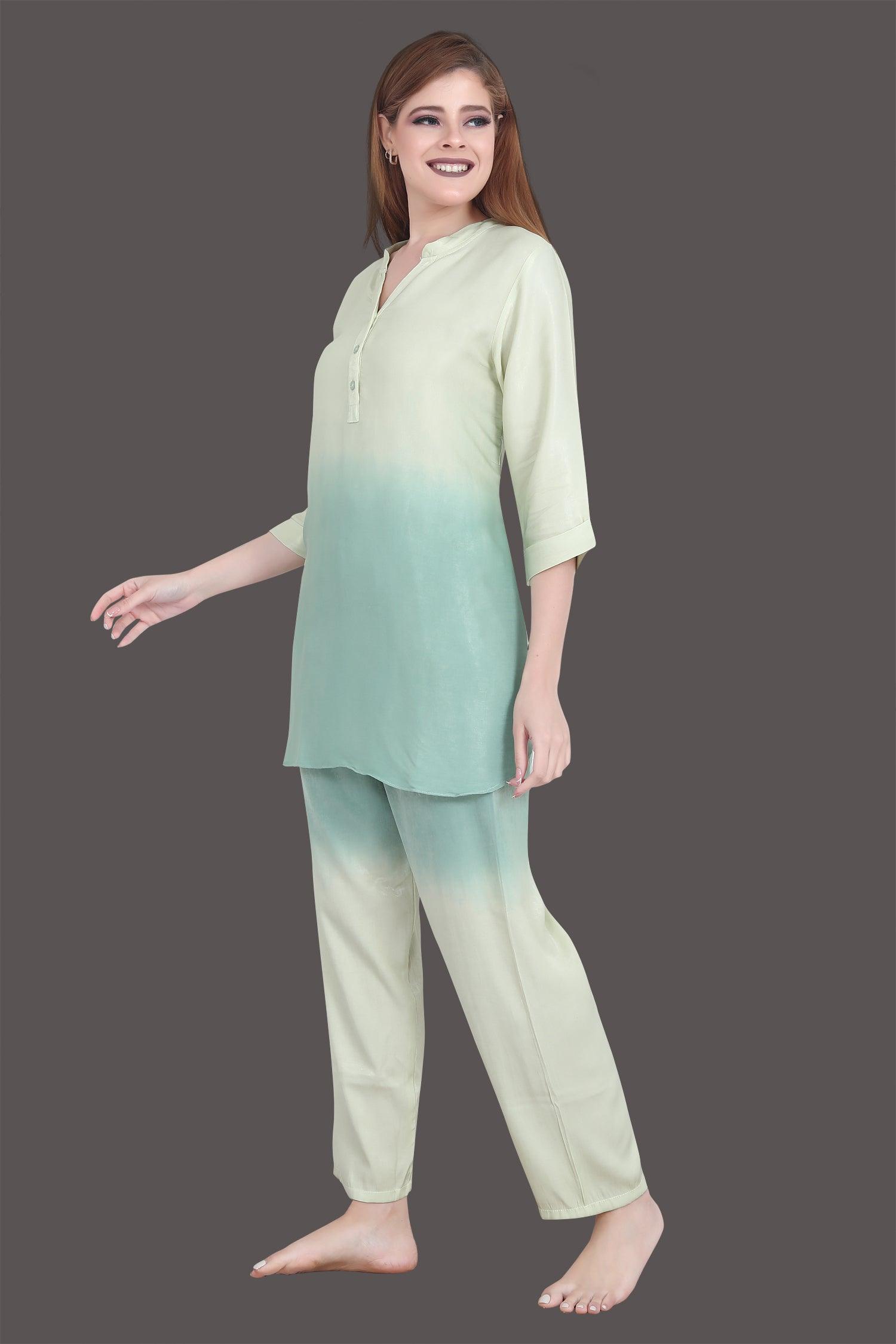 Velure Tunic Green Dual Shade Kurti Style Night Suit - Velure - Long Top and Pant - 3/4 Sleeves, Collar Neck, Cotton, Front Button Open, Full Length Pant