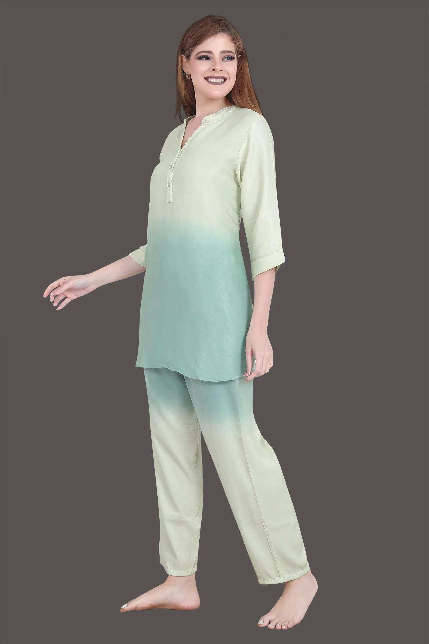 Velure Tunic Green Dual Shade Kurti Style Night Suit - Velure - - 3/4 Sleeves, Collar Neck, Cotton, Front Button Open, Full Length Pant