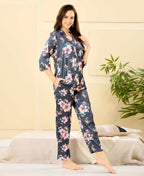 Velure Big Floral Printed Satin Night Suit - Velure - - 3/4 Sleeves, Collar Neck, Floral Print, Front Button Open, Full Length Pant, Satin
