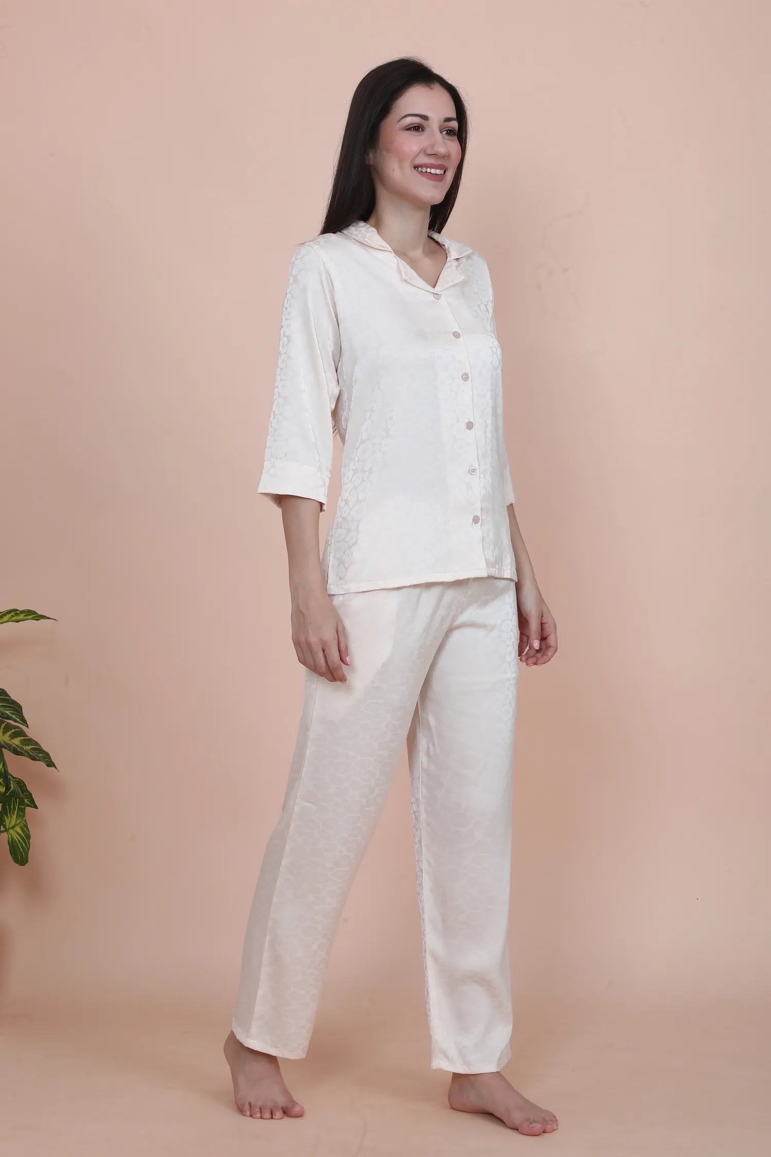 Velure Glossy Floral Print Satin Night Suit - Velure - - 3/4 Sleeves, Collar Neck, Front Button Open, Full Length Pant, Printed, Satin