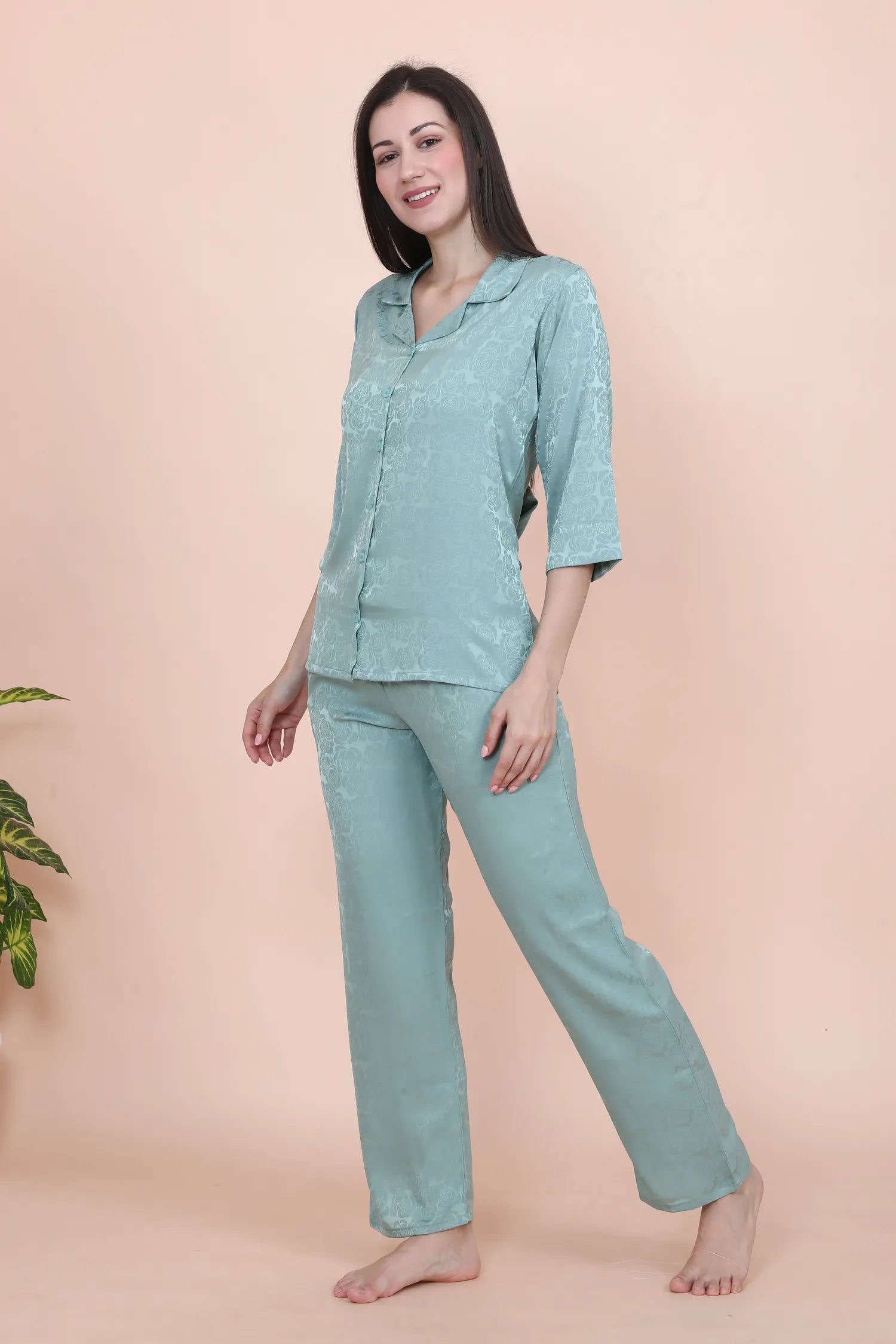 Velure Luxurious Rose Print Satin Night Suit