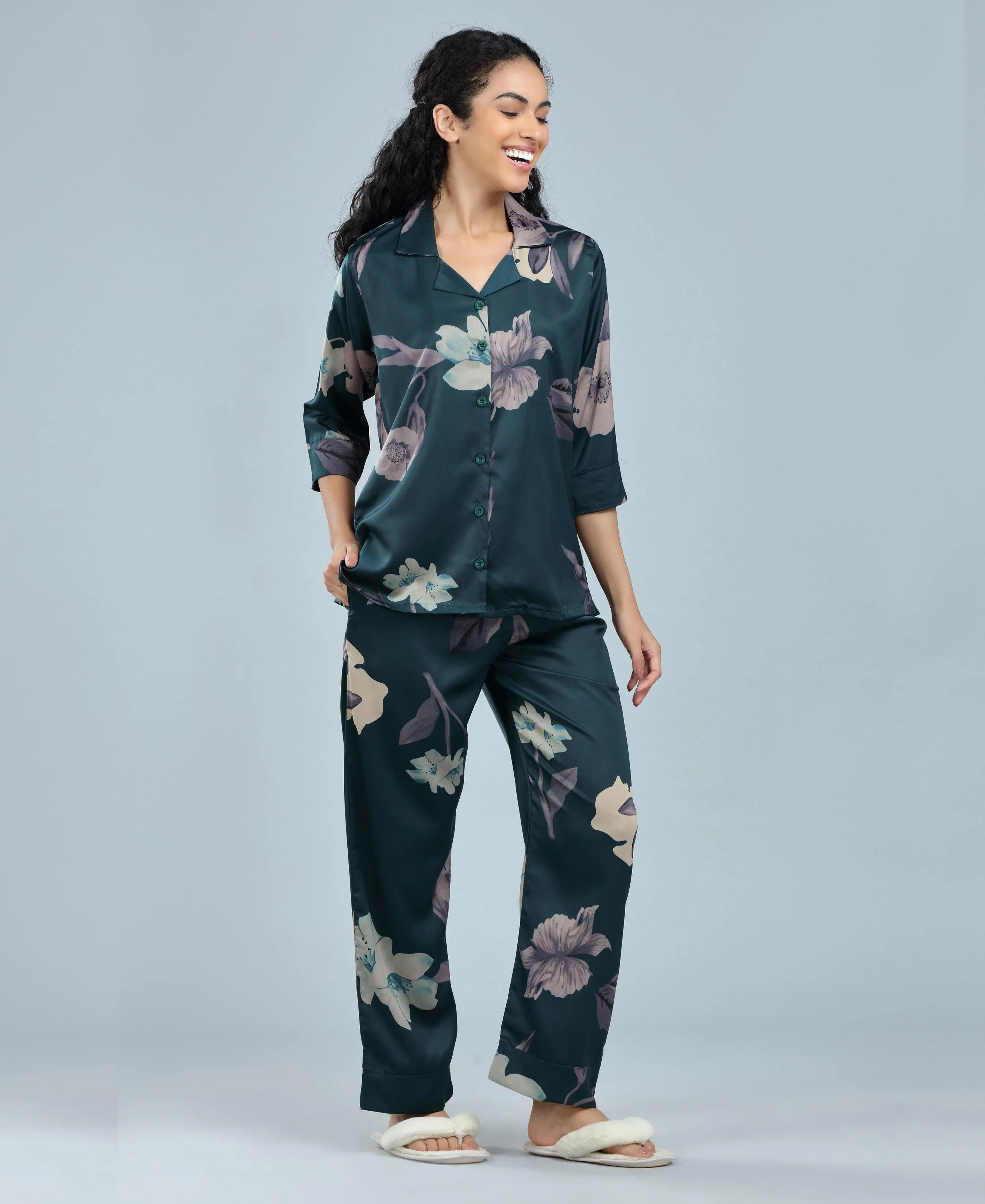 Velure Tropical Floral Satin Print Night Suit - Velure, Shirt and Pant, Indulge in luxury and relaxation with the Velure Tropical Floral Satin Print Night Suit. Crafted from premium satin material, this set showcases a stunning floral print. Included are a long-sleeved shirt and full-length pants with an elastic waistband, ensuring a perfect fit. Ideal for peaceful slumber or leisurely lounging.