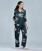 Velure Tropical Floral Satin Print Night Suit - Velure - - 3/4 Sleeves, Collar Neck, Floral Print, Front Button Open, Full Length Pant, Satin