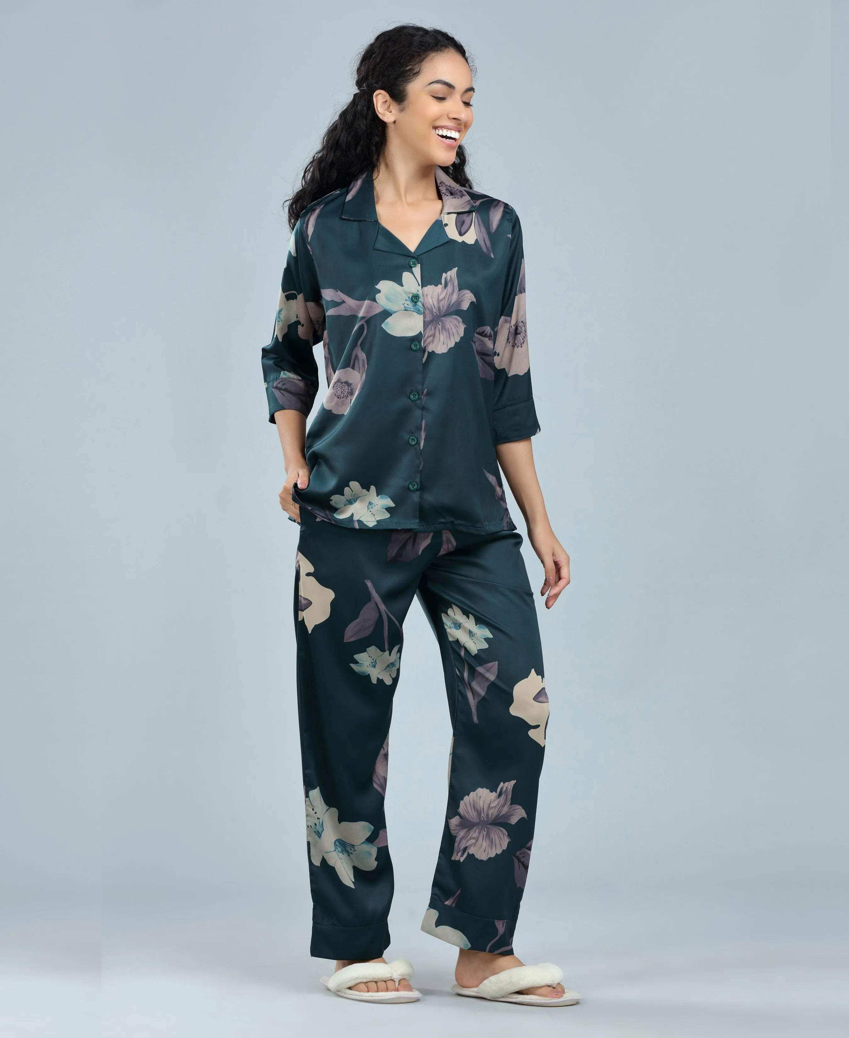 Velure Tropical Floral Satin Print Night Suit - Velure - - 3/4 Sleeves, Collar Neck, Floral Print, Front Button Open, Full Length Pant, Satin