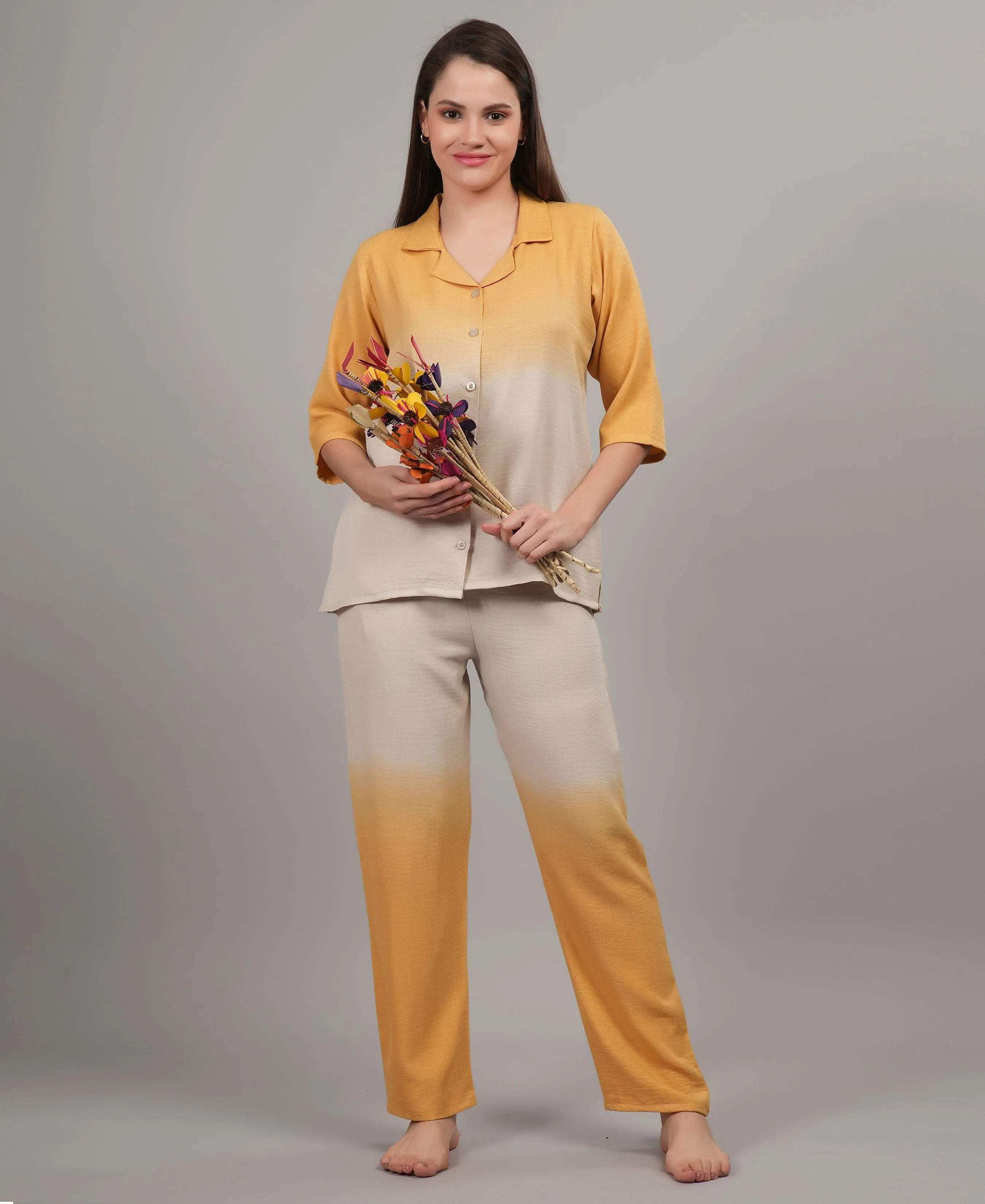 Velure Trendy Classic Co-ord Set - Velure - - 3/4 Sleeves, Collar Neck, Cotton, Front Button Open, Full Length Pant, Ombre