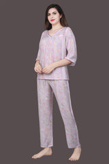 Velure Pink Floral Frock-Style Night Suit - Velure - Long Top and Pant - 3/4 Sleeves, Frock Style, Full Length Pant, Linen, V Neck