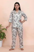 Velure Delightful Floral Print Satin Night Suit - Velure - - 3/4 Sleeves, Collar Neck, Floral Print, Front Button Open, Full Length Pant, Satin