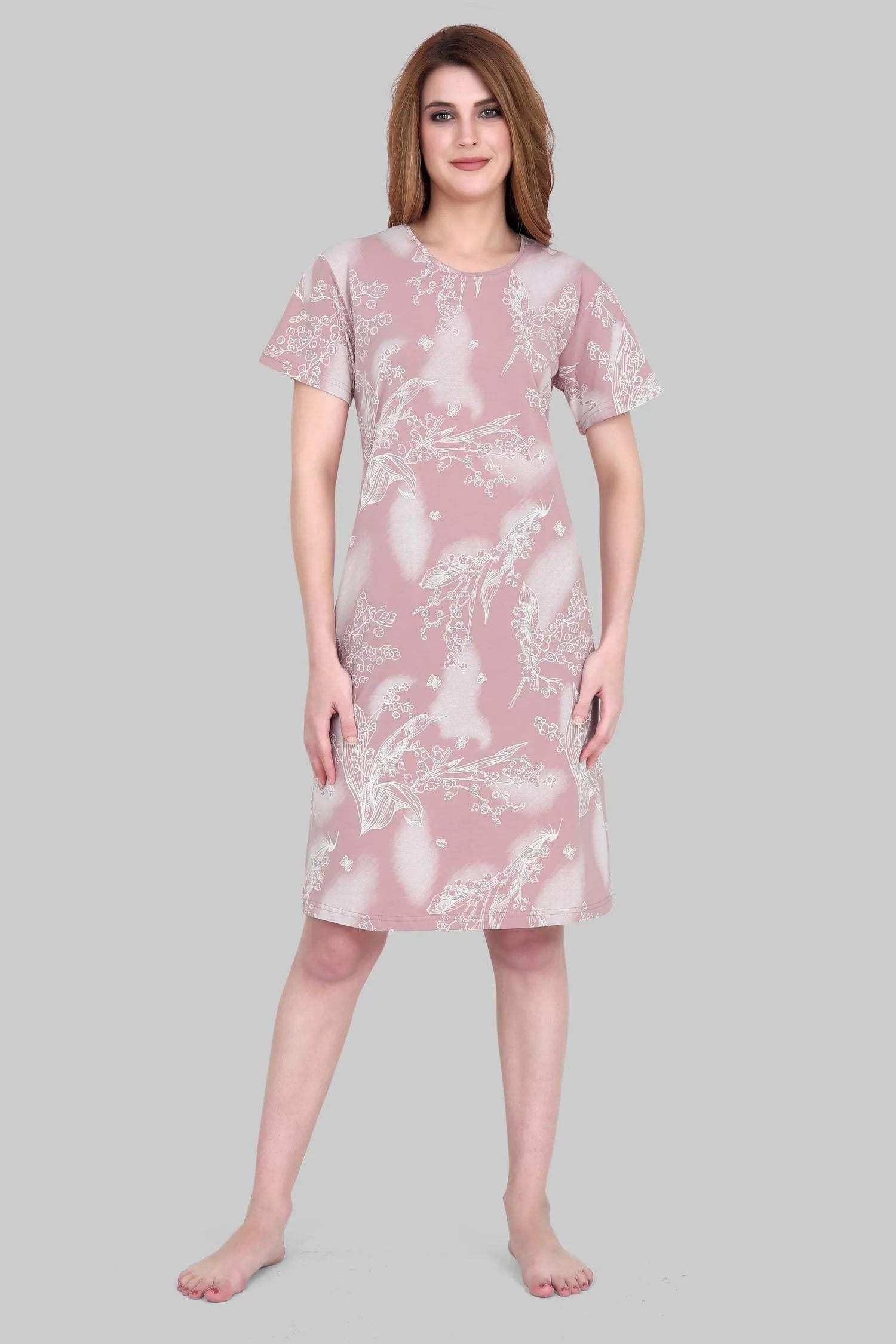 Velure Elegant Floral Print Short Nighty - Velure - - Cotton, Floral Print, Half Sleeves, Knee Length, Round neck