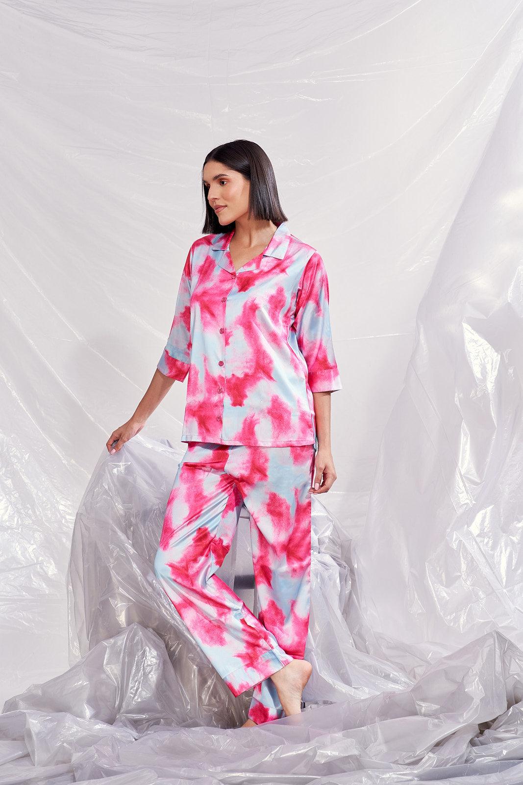 Velure Tie Dye Pink Satin Co-ord Set - Velure - Shirt and Pant - Collar Neck, Front Button Open, Full Length Pants, Satin