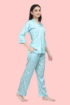 Velure White Rosesl Print Satin Night Suit - Velure - - 3/4 Sleeves, Collar Neck, Floral Print, Front Button Open, Full Length Pant