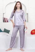 Velure Trendy Lavender Floral Print Satin Night Suit - Velure - - 3/4 Sleeves, Collar Neck, Floral Print, Front Button Open, Full Length Pant, Satin