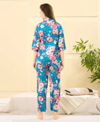 Velure Stunning Floral Print Satin Night Suit - Velure - - 3/4 Sleeves, Collar Neck, Floral Print, Front Button Open, Full Length Pant, Satin