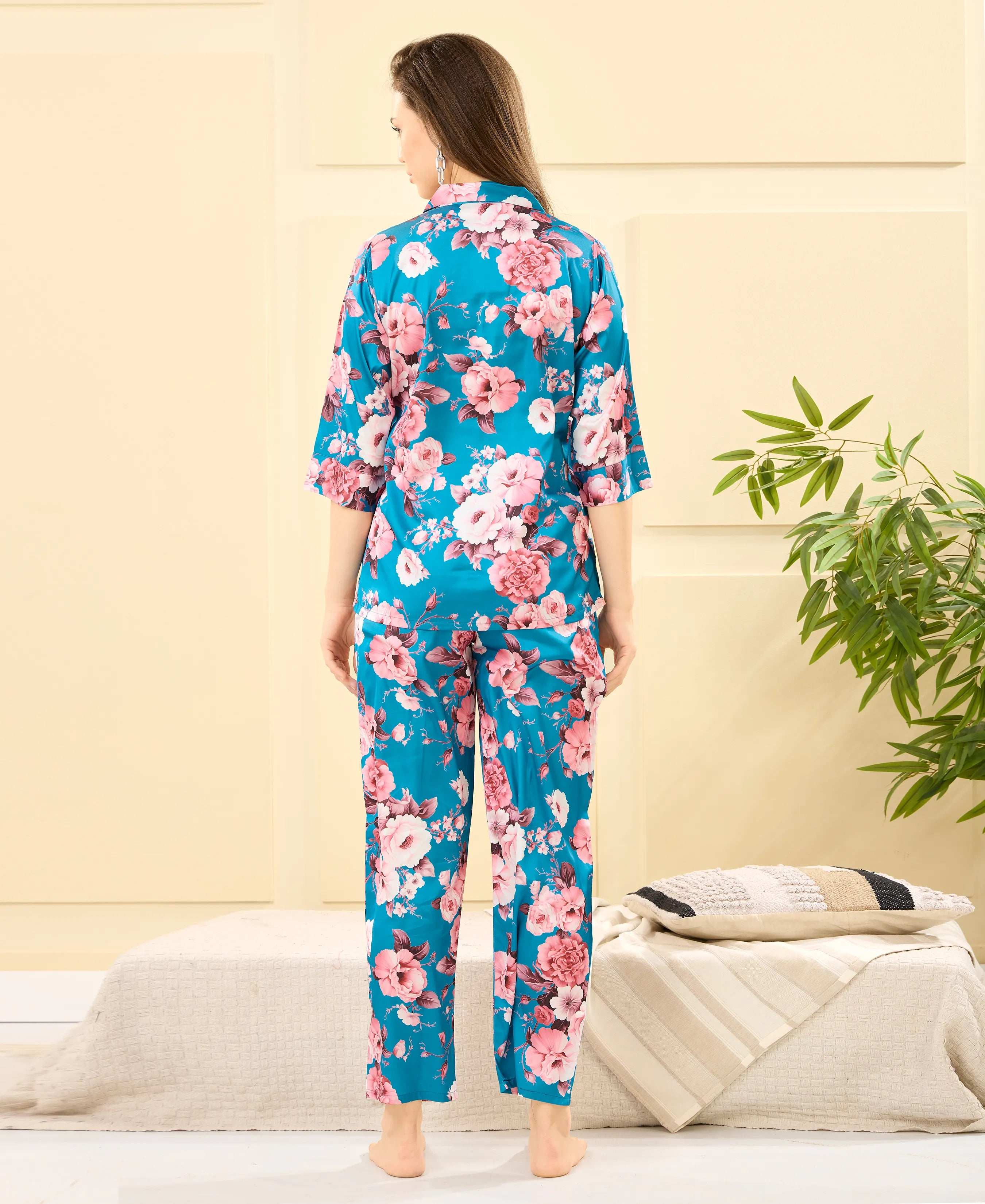 Velure Stunning Floral Print Satin Night Suit - Velure - - 3/4 Sleeves, Collar Neck, Floral Print, Front Button Open, Full Length Pant, Satin