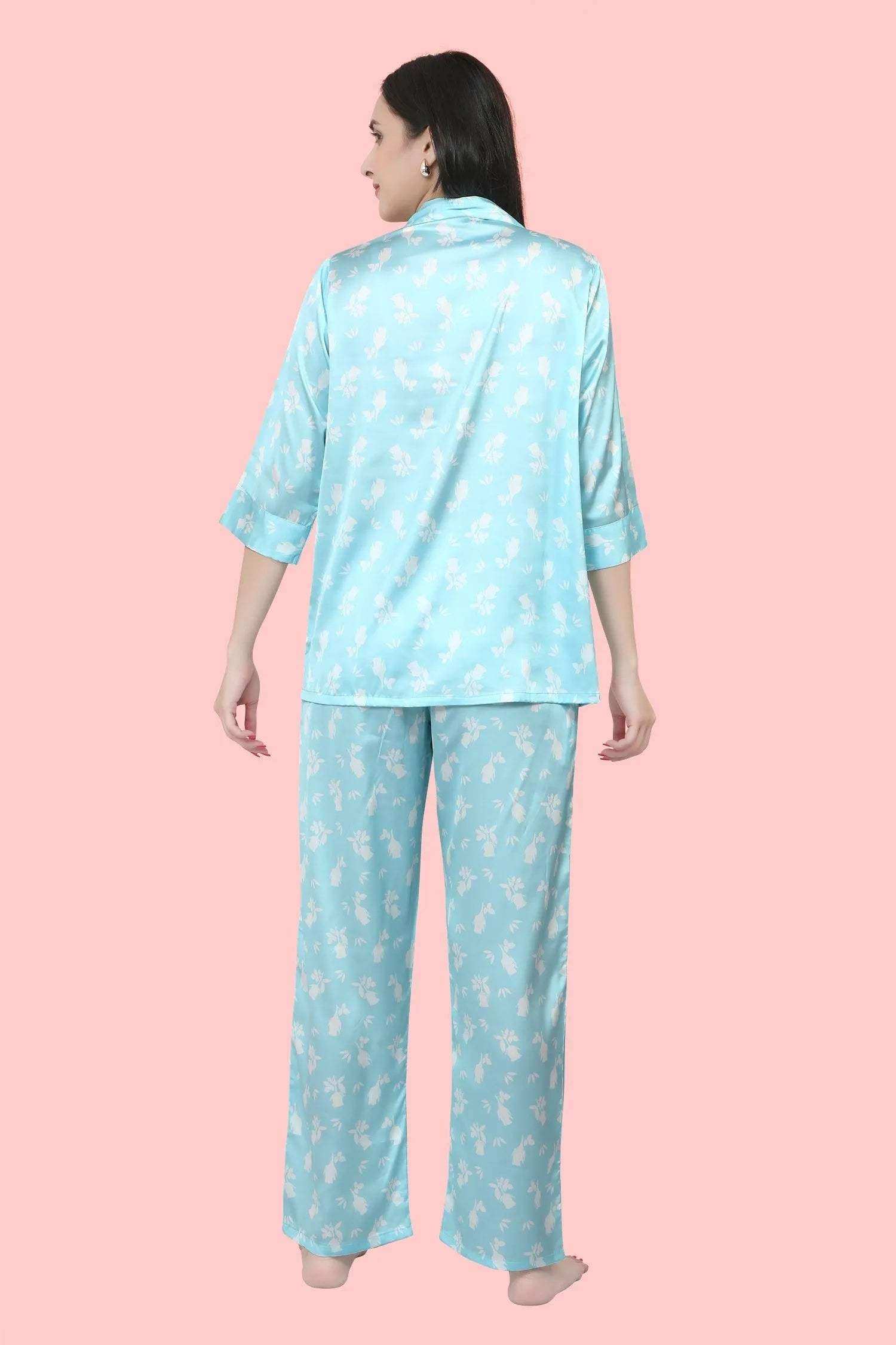 Velure White Rosesl Print Satin Night Suit - Velure - - 3/4 Sleeves, Collar Neck, Floral Print, Front Button Open, Full Length Pant