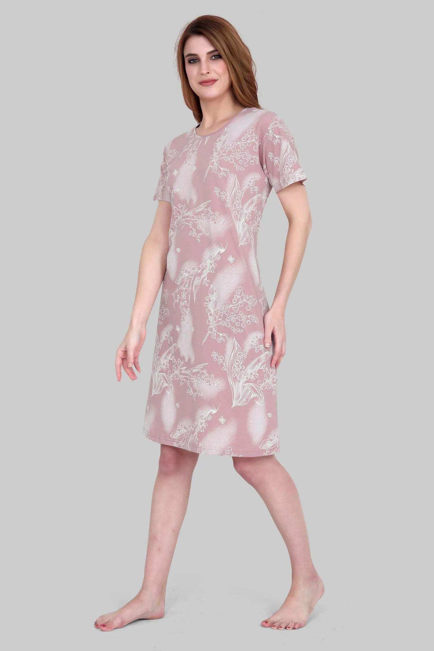 Velure Elegant Floral Print Short Nighty - Velure - - Cotton, Floral Print, Half Sleeves, Knee Length, Round neck