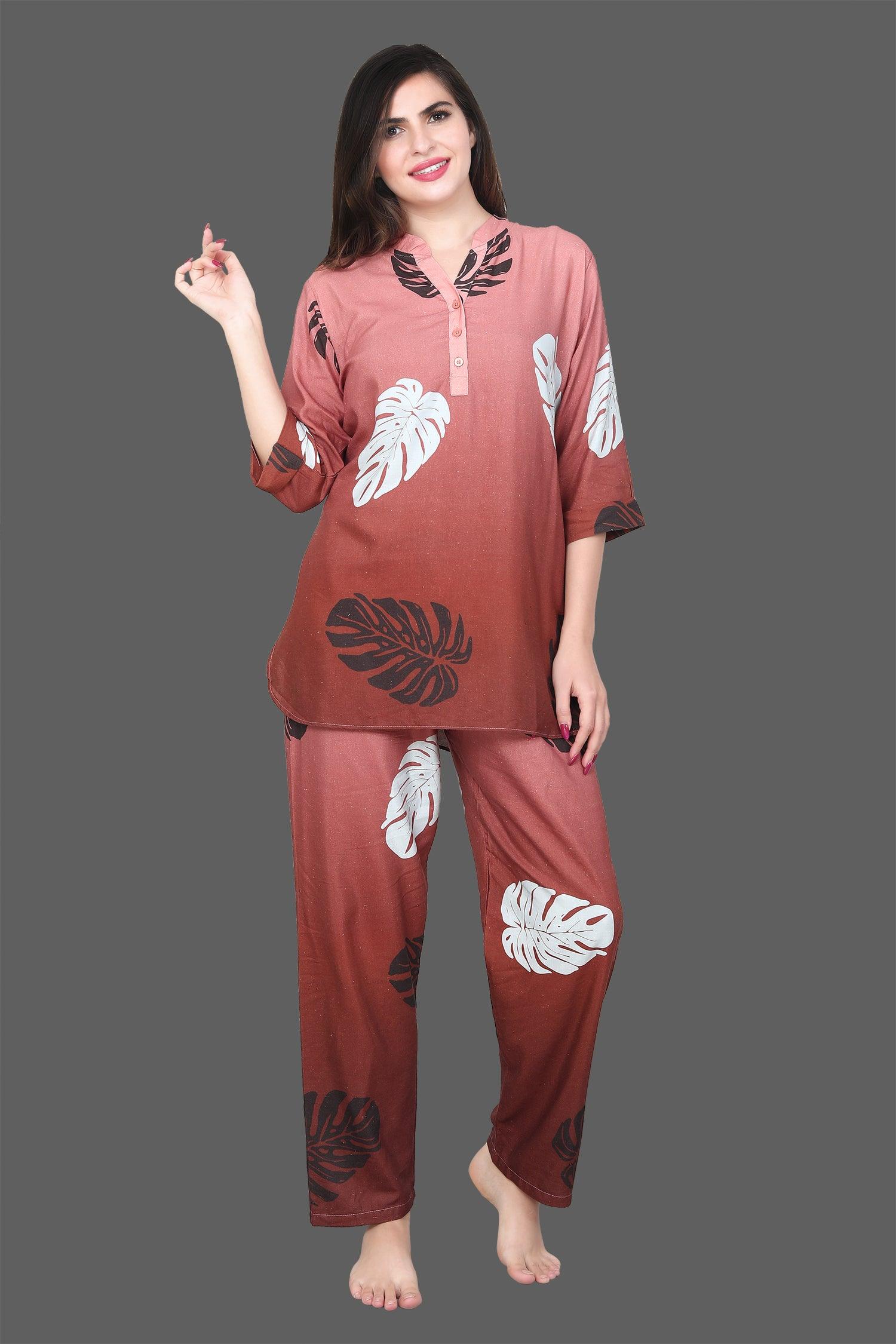 Velure Ethnic Leaf Print Kurti Style Night Suit - Velure - Long Top and Pant - 3/4 Sleeves, Collar Neck, Full Length Pant, Linen, Printed