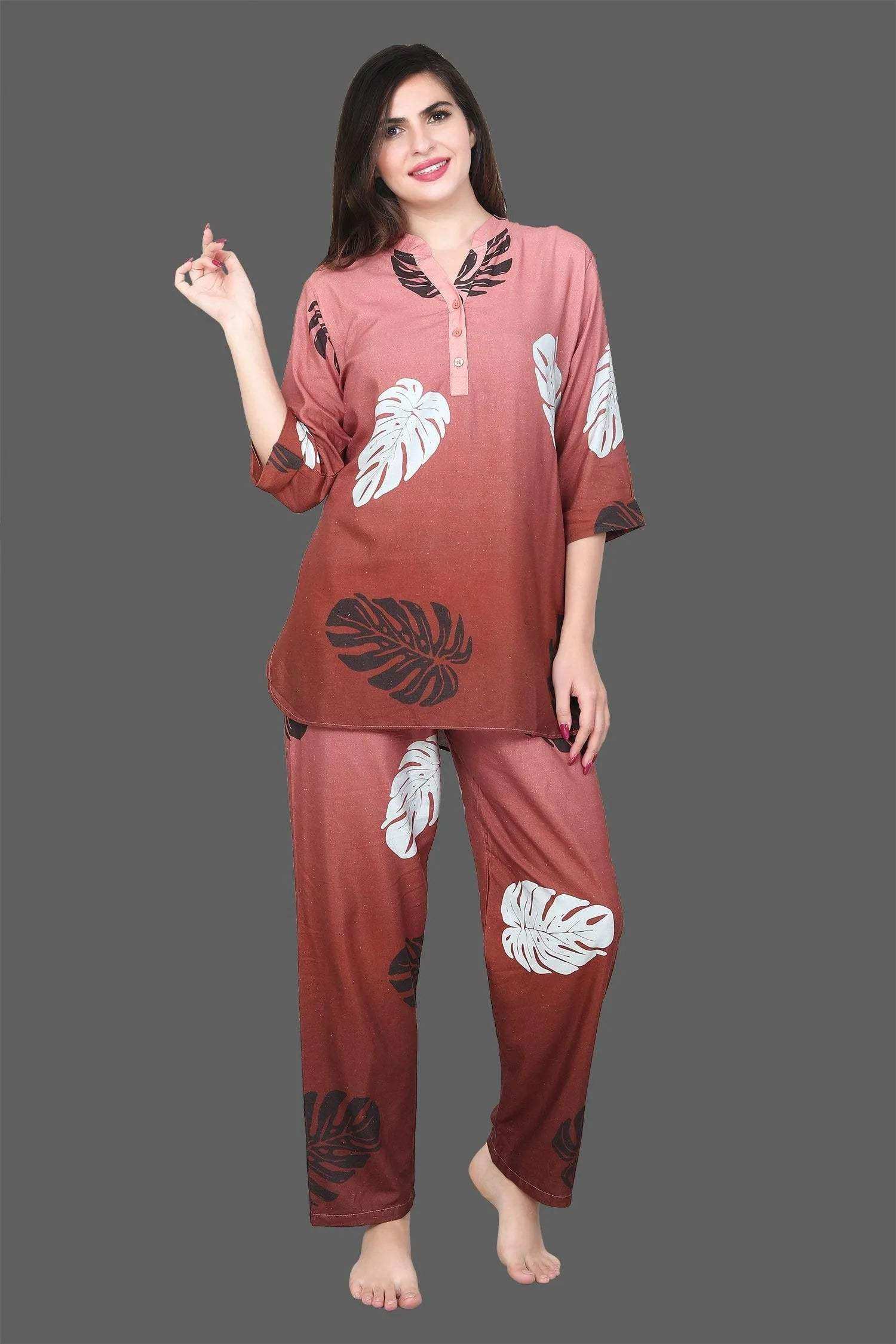 Velure Ethnic Leaf Print Kurti Style Night Suit - Velure - - 3/4 Sleeves, Collar Neck, Full Length Pant, Linen, Printed